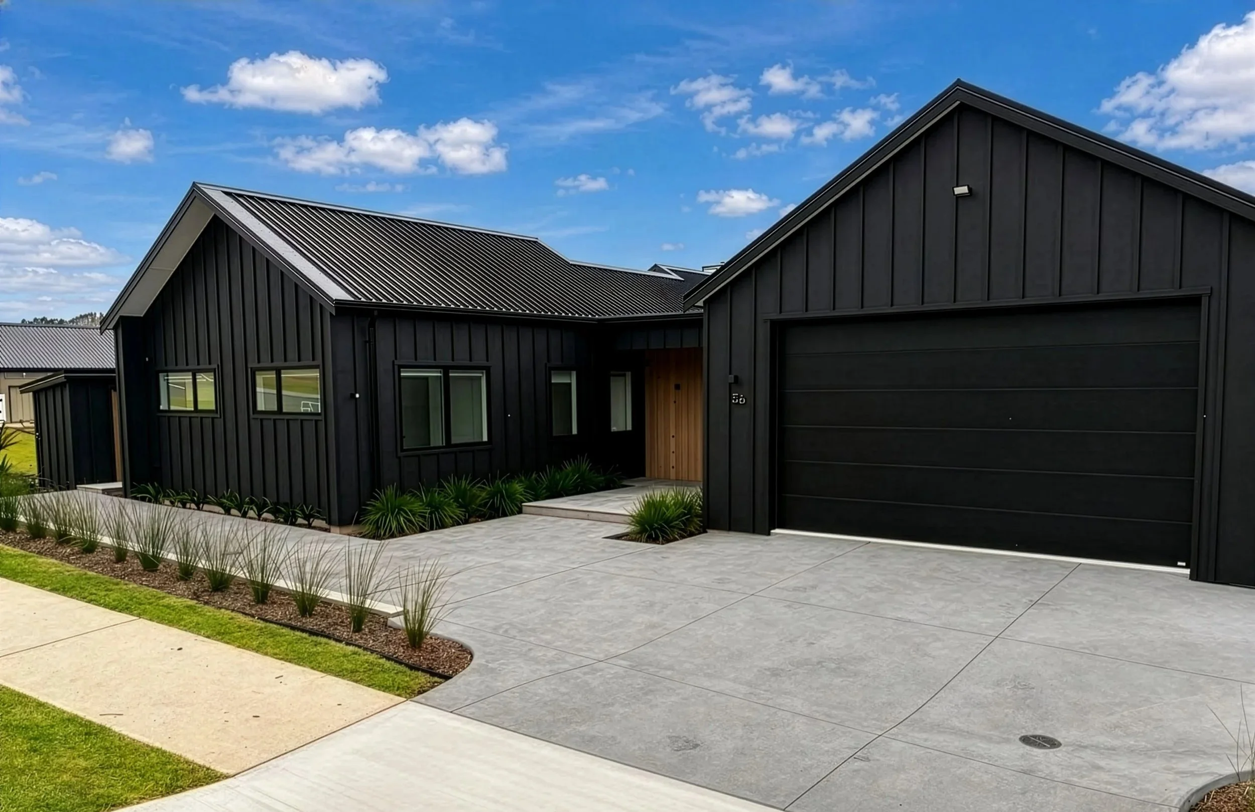 Modern black house with metal roof, large windows, and a concrete driveway under a partly cloudy blue sky.