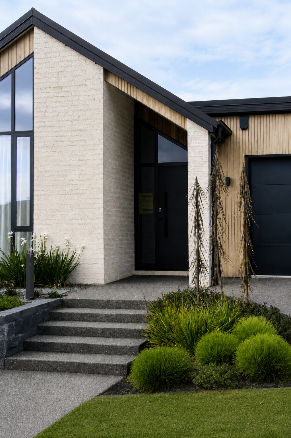 Modern house with a black front door, large windows, beige brick and wooden siding, and landscaped front yard with green plants, bushes, and concrete stairs.