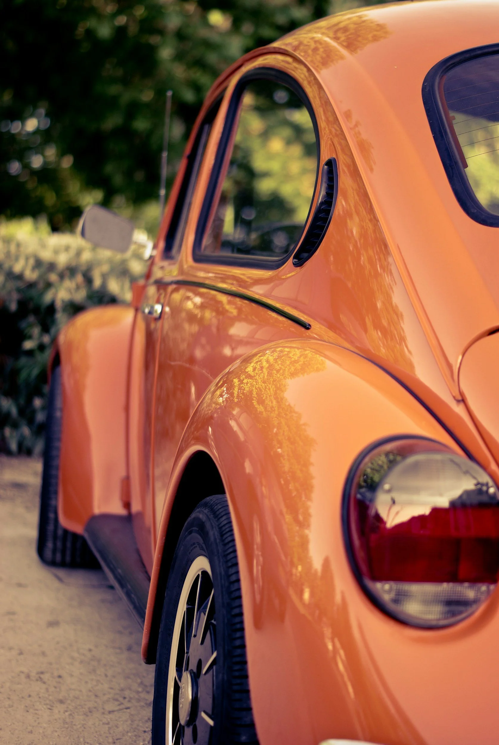 Close-up of the rear side of an orange vintage Volkswagen Beetle car, showing the rear window, wheel, and part of the body with reflections of trees.