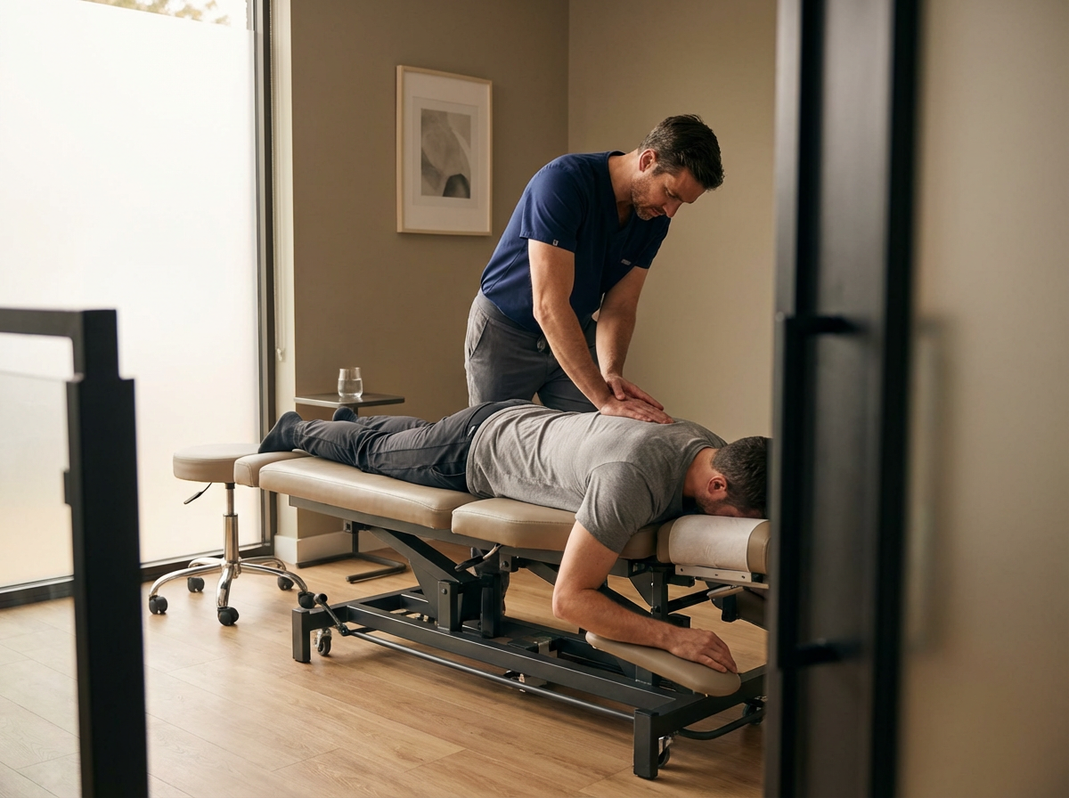 A chiropractor providing a back adjustment to a patient lying face down on an examination table.