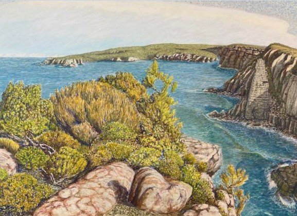 Landscape painting of a coastline with cliffs, rocks, green trees, and a blue sea under a clear sky.