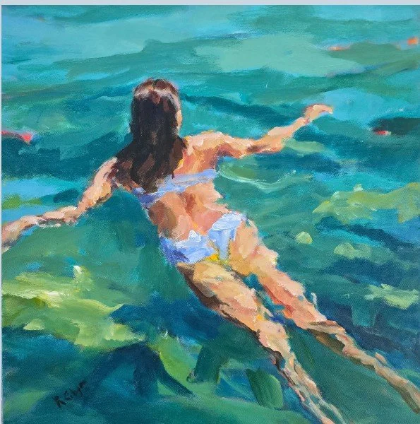 Robyn Gibson painting of a woman in a bathing suit swimming in a body of water, with her arms outstretched.