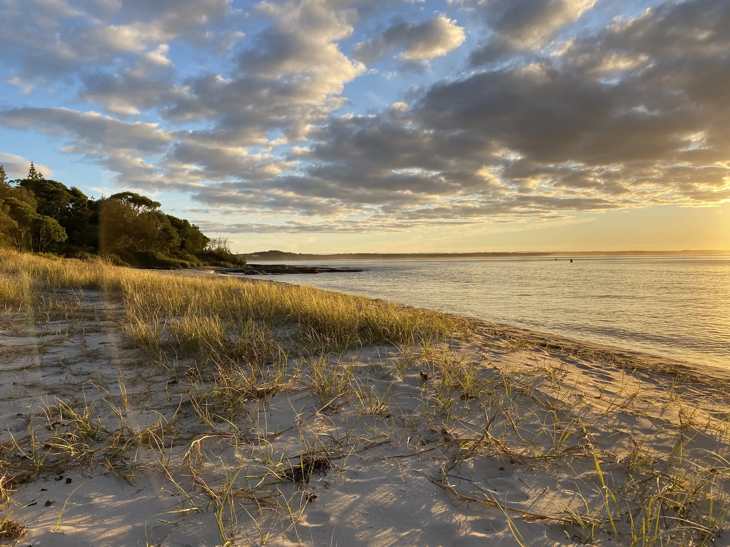 Abrahams Bosom Beach scene with sandy shoreline covered in grass, calm water, and a partly cloudy sky during sunset or sunrise.