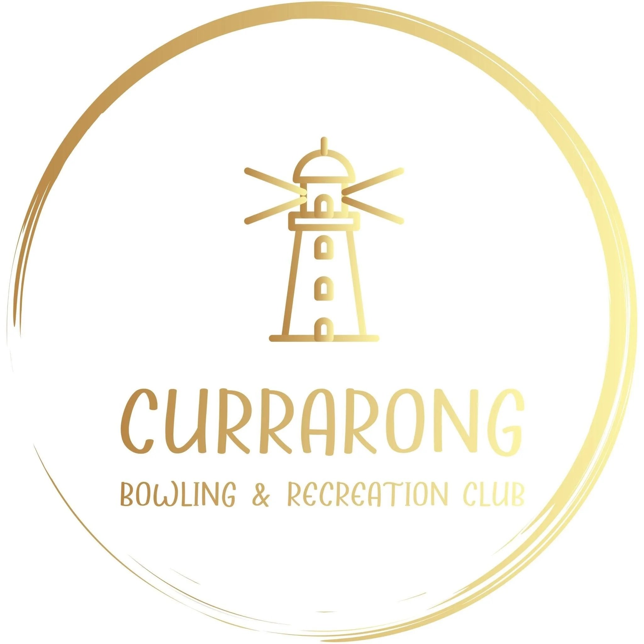 Gold and beige logo of Currrong Bowling & Recreation Club with a lighthouse illustration and the club's name.