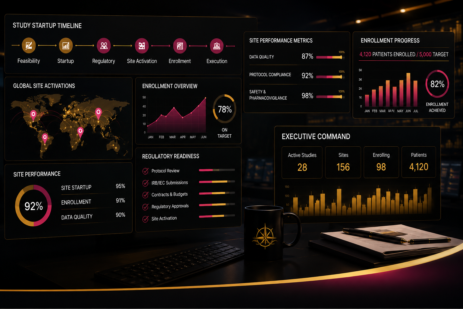 Business dashboard displaying startup timeline, global site activations, site performance metrics, enrollment progress, enrollment overview with a map, site performance pie chart, regulatory readiness, site performance bar chart, executive command data, and site performance indicators.