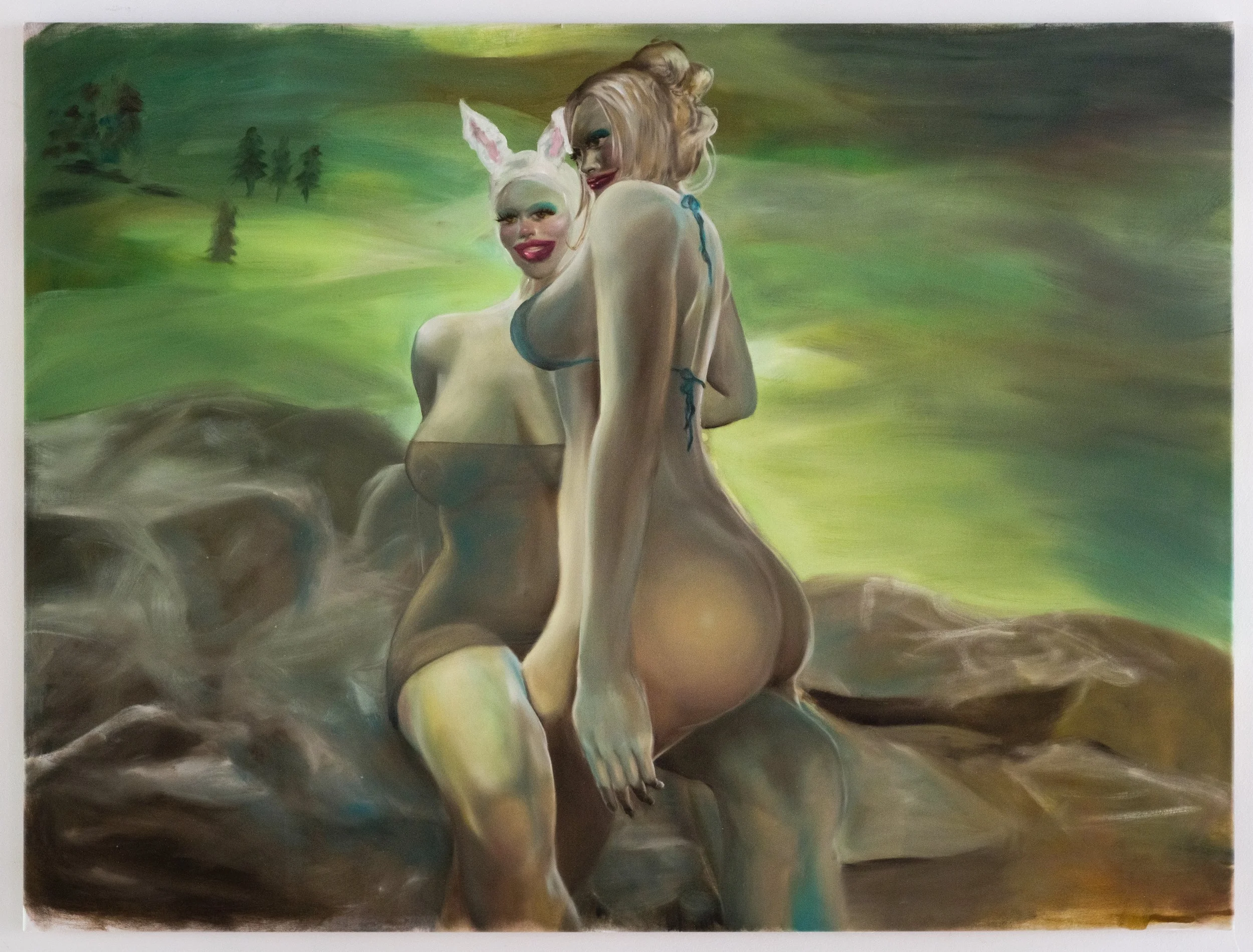An artistic painting features a woman with long, wavy blonde hair and vibrant makeup, standing alongside a person wearing a rabbit mask, both posed outdoors on rocky terrain with a lush, green forest in the background.