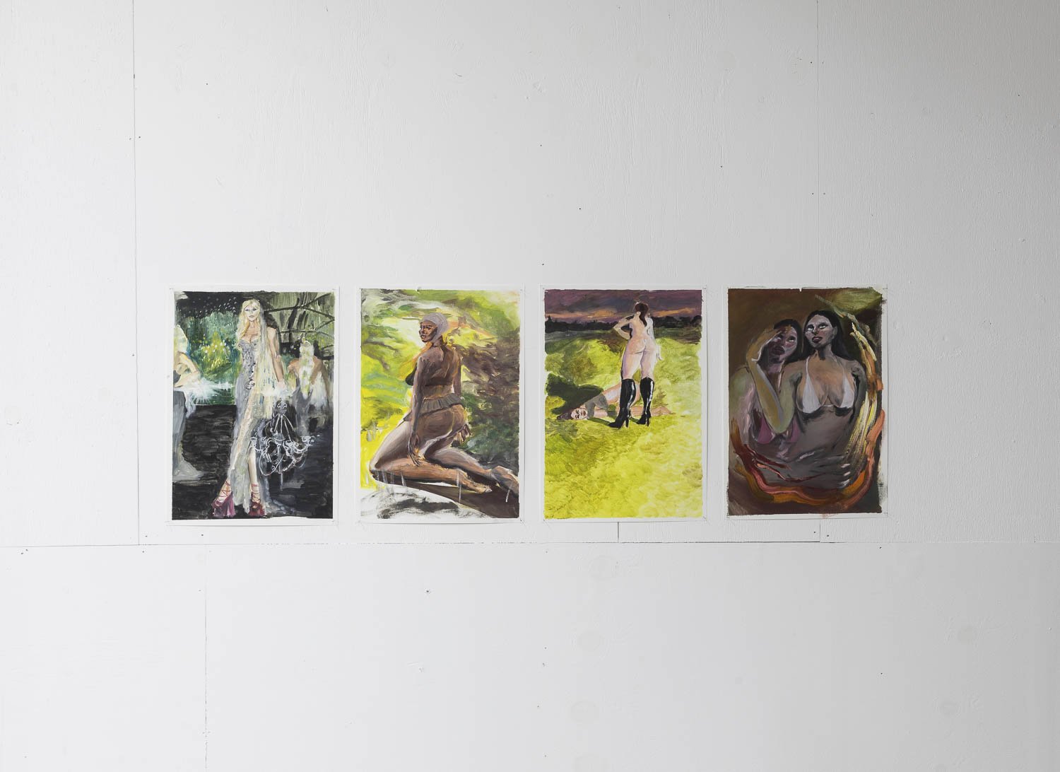 Four small paintings of women in various settings are displayed on a white wall.