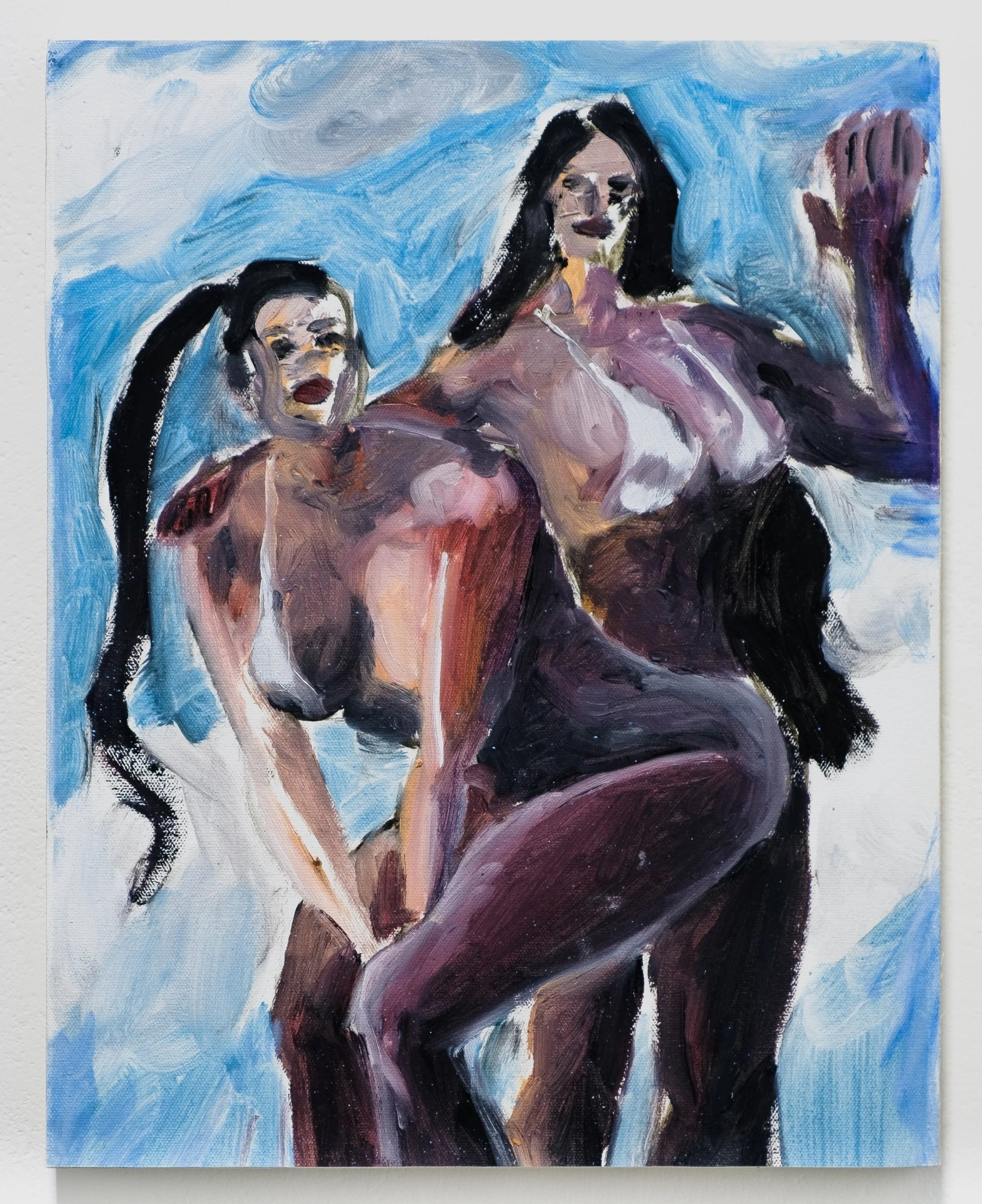 An abstract painting of two nude women with dark hair and red lips, set against a blue sky background, painted with loose, expressive brushstrokes.