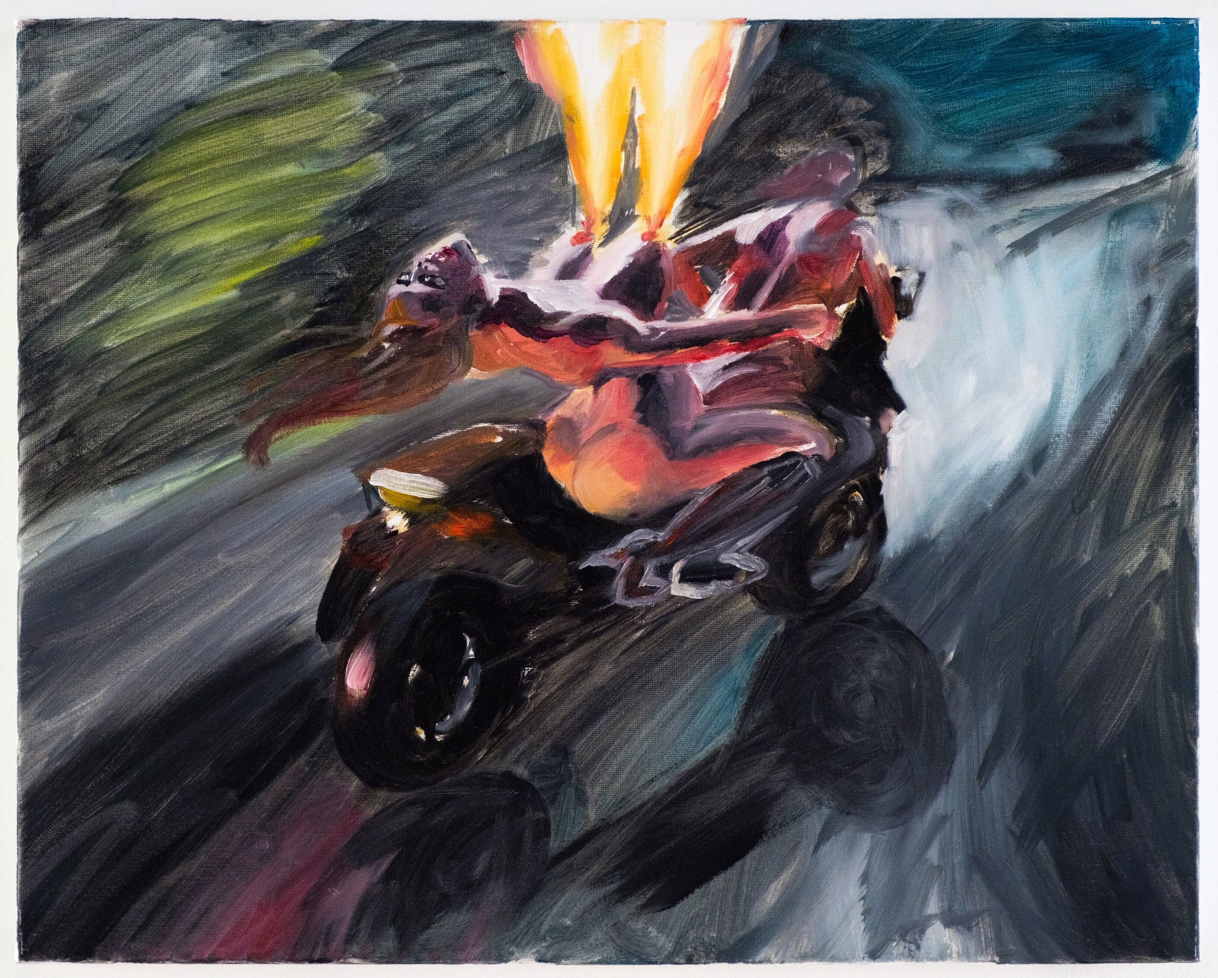 An abstract painting with dark, bold brushstrokes depicting a person riding a skateboard with a bright explosion of yellow and orange colors in the background.