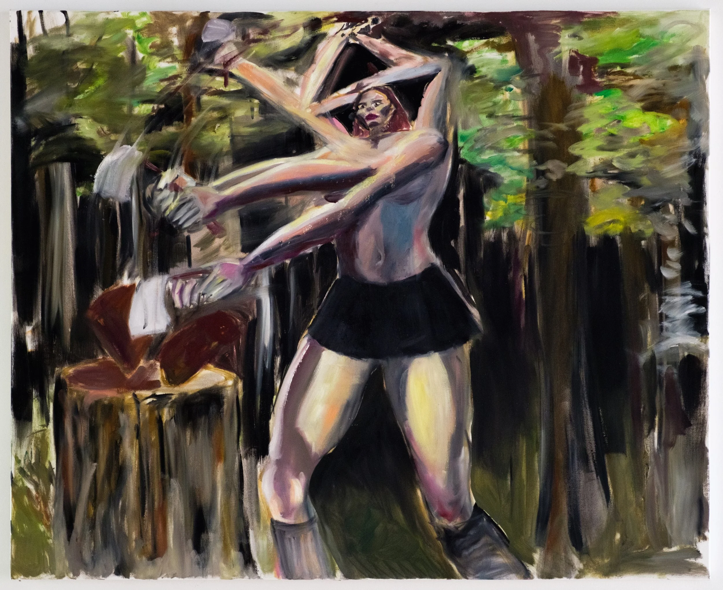 An abstract painting of a woman with dark hair, topless, standing in a green and dark background, with her arms raised above her head.