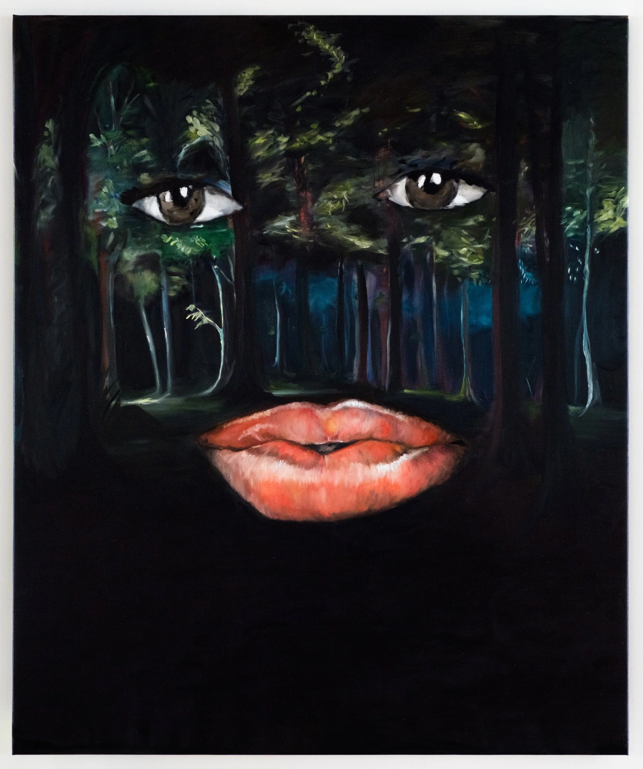 A dark, abstract painting of a human face with large, realistic eyes, a nose, and lips, surrounded by dark colors and brushstrokes that resemble a forest or natural scene.