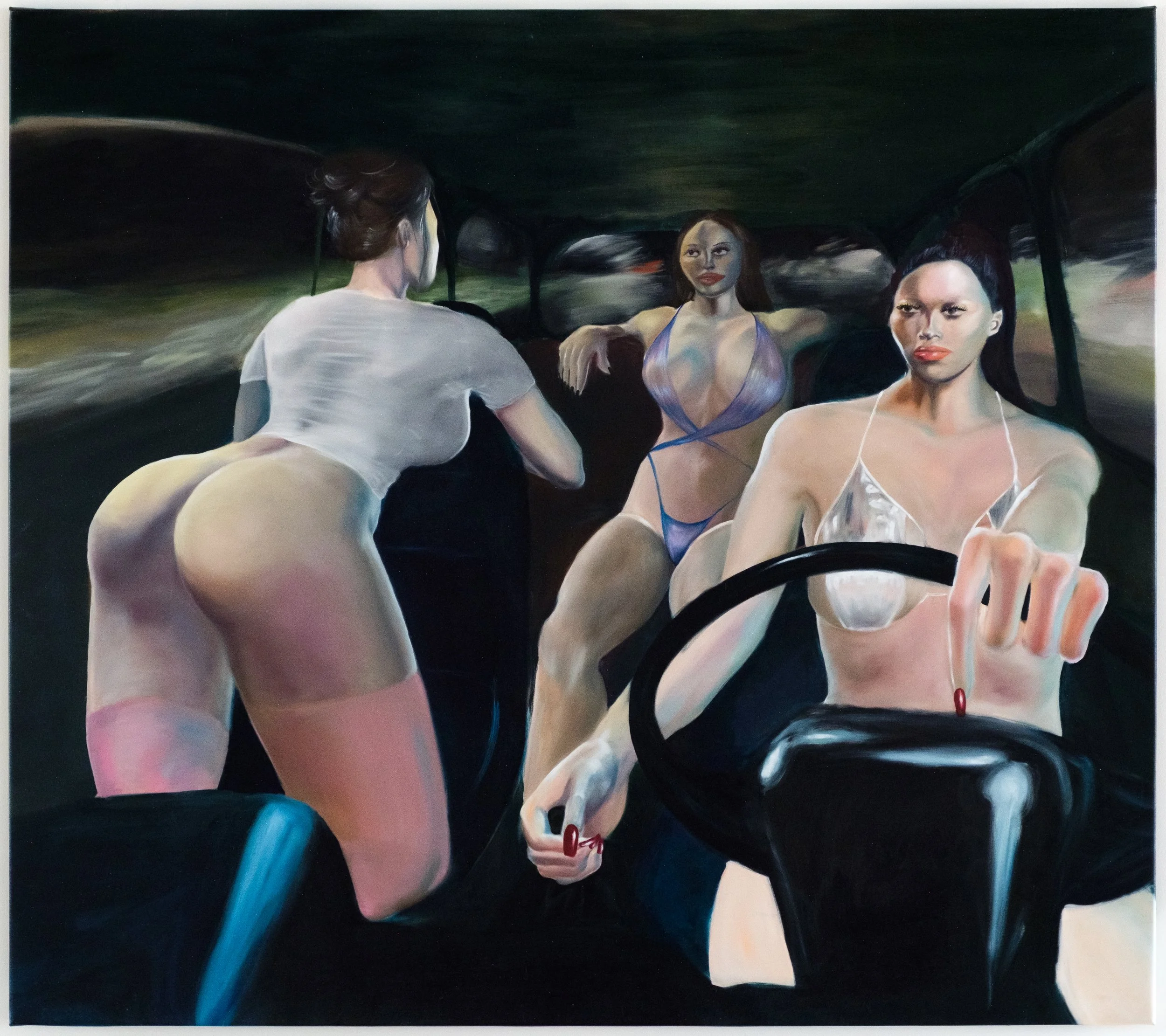 Painting of three women in bikinis sitting in a car at night, viewed from behind and in front.