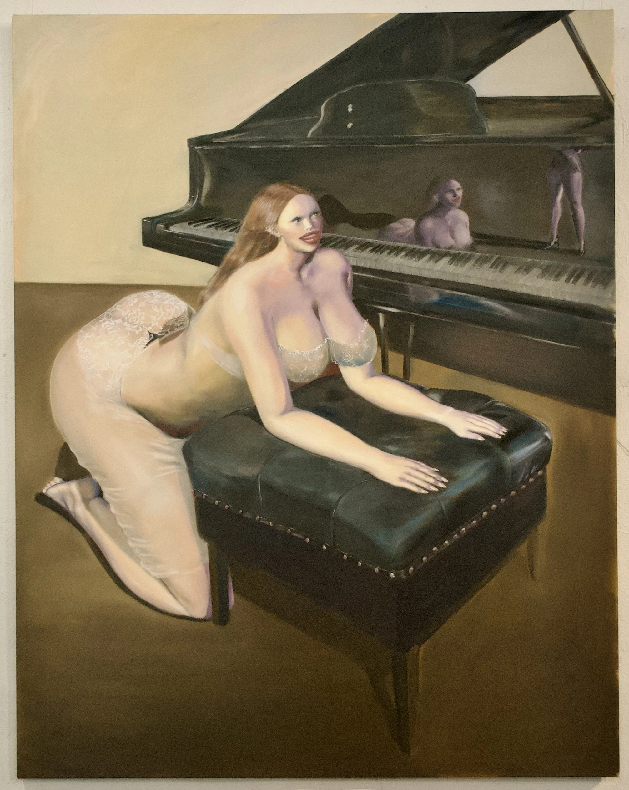 Painting of a woman with long hair, wearing lace lingerie, kneeling on a black bench at a grand piano with a reflective surface showing her reflection, and a white wall in the background.