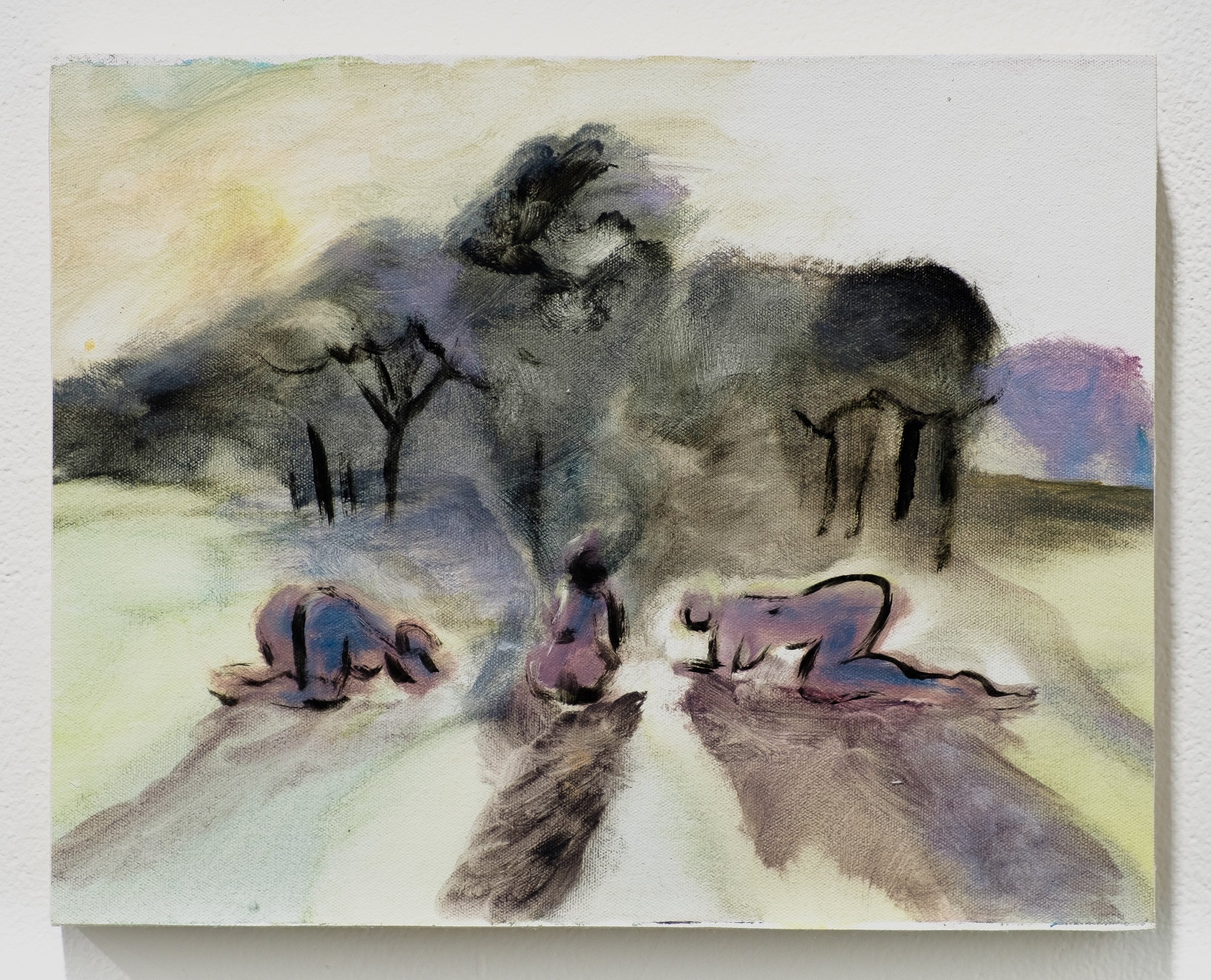 Watercolor painting of a mountain landscape with trees in dark ink, soft pastel sky background, with some clouds and mountains
