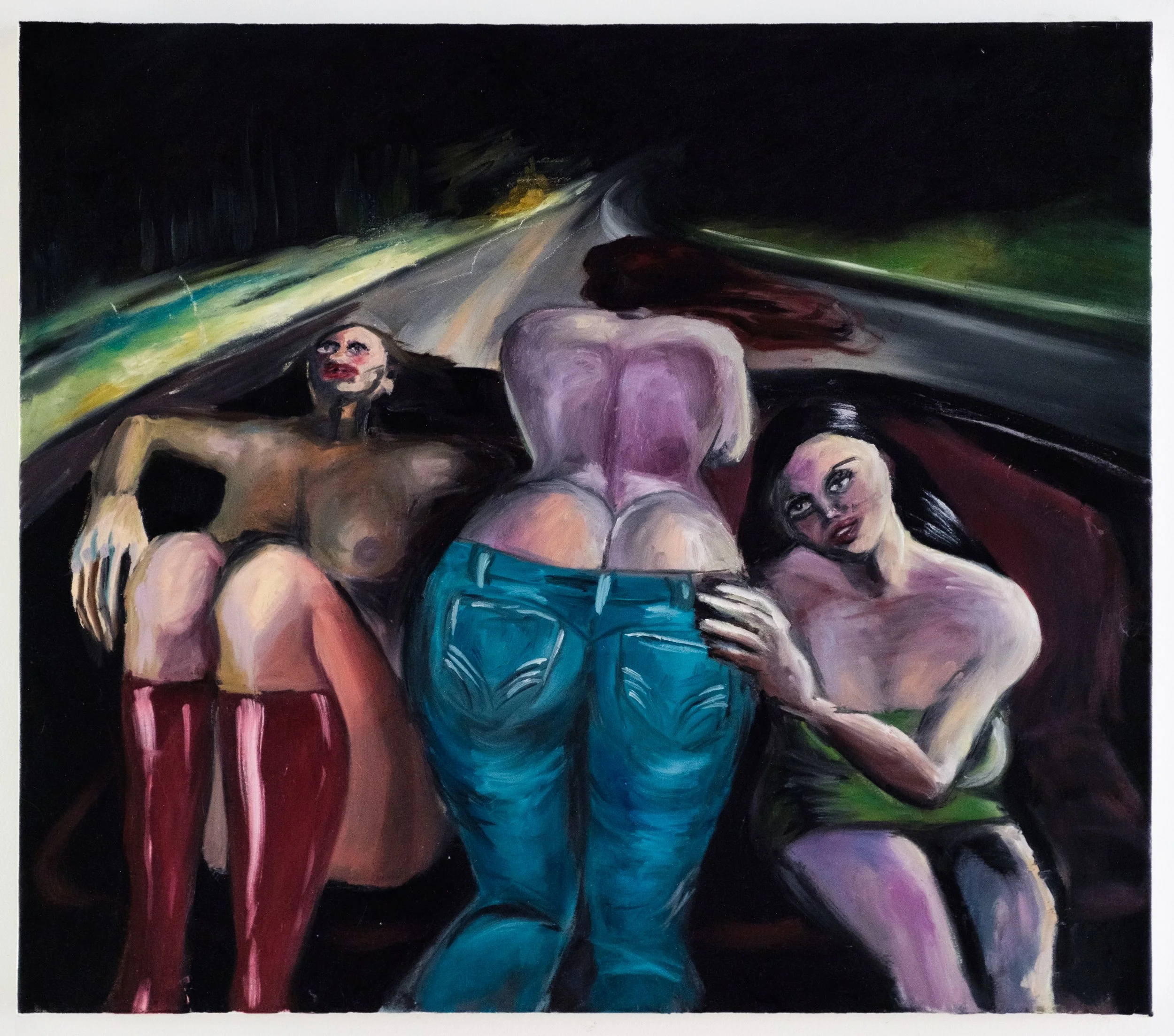 A dark, abstract painting depicting two women with long dark hair lying on the ground, with their bodies intertwined. One woman is wearing a turquoise dress, and the other appears to be nude. The scene is set against a black background with green and