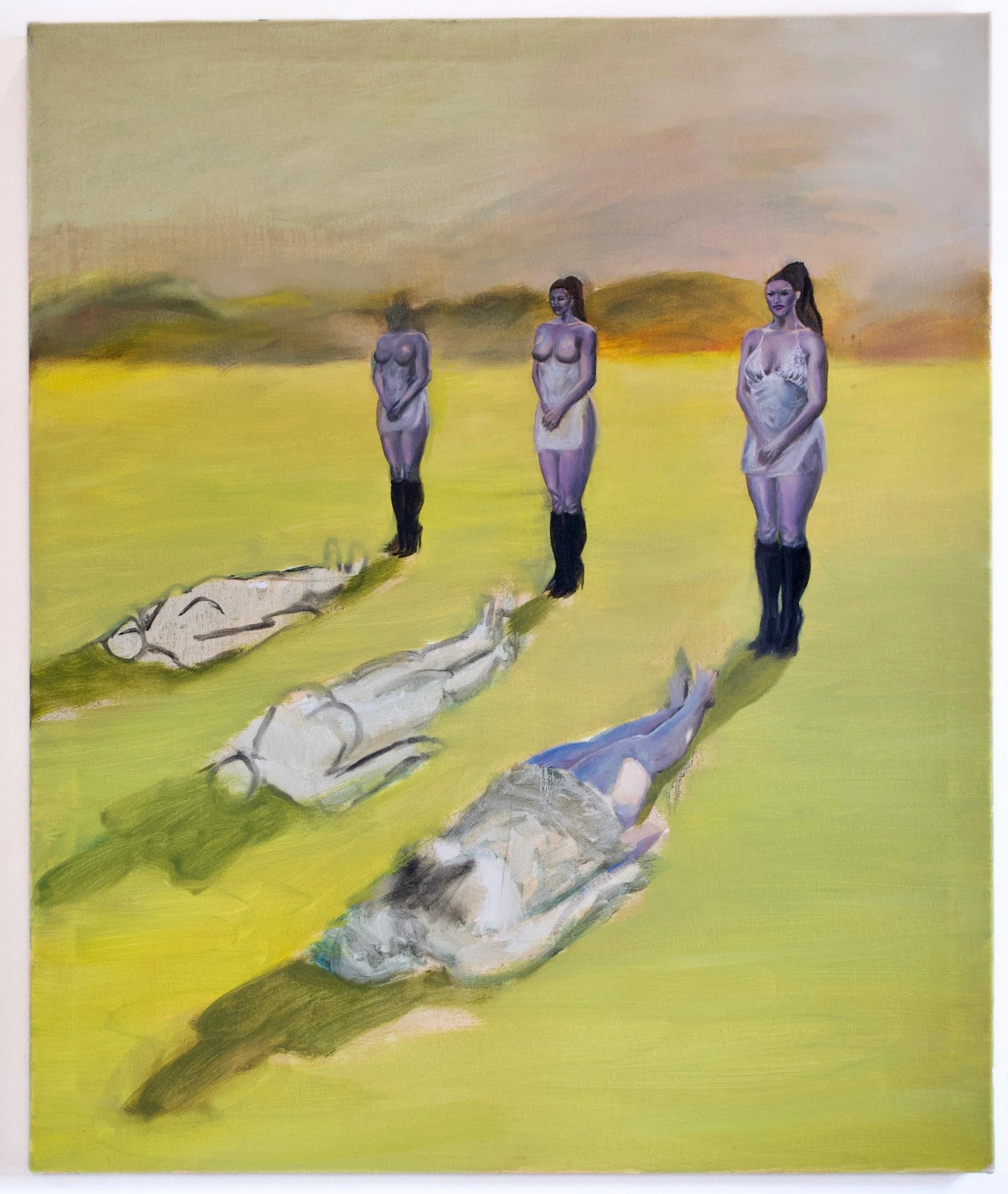 A painting depicting three nude women standing in a grassy field at sunset, with a large snake coiled at their feet.
