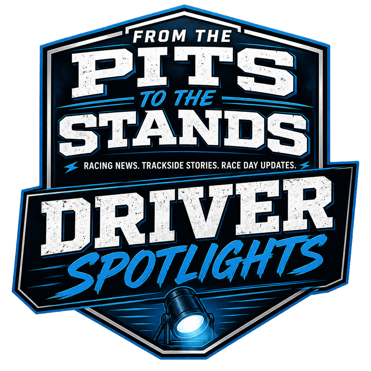Graphic with racing-themed text, stating 'From the Pits to the Stands: Driver Spotlight', and a spotlight graphic illuminating the text.