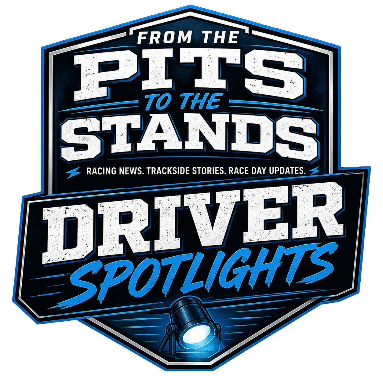 A graphic digital badge with racing theme, featuring bold white and blue text that reads 'From the Pits to the Stands' and 'Driver Spotlight.' It includes a tagline about racing news and updates, and a spotlight illustration at the bottom.