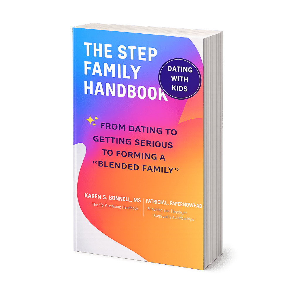 Cover of a book titled 'The Step Family Handbook: Dating With Kids. From dating to getting serious to forming a 'blended family.' Authors are Karen S. Bonnell and Patricial. The cover has a colorful gradient background with purple, pink, orange, and white colors.