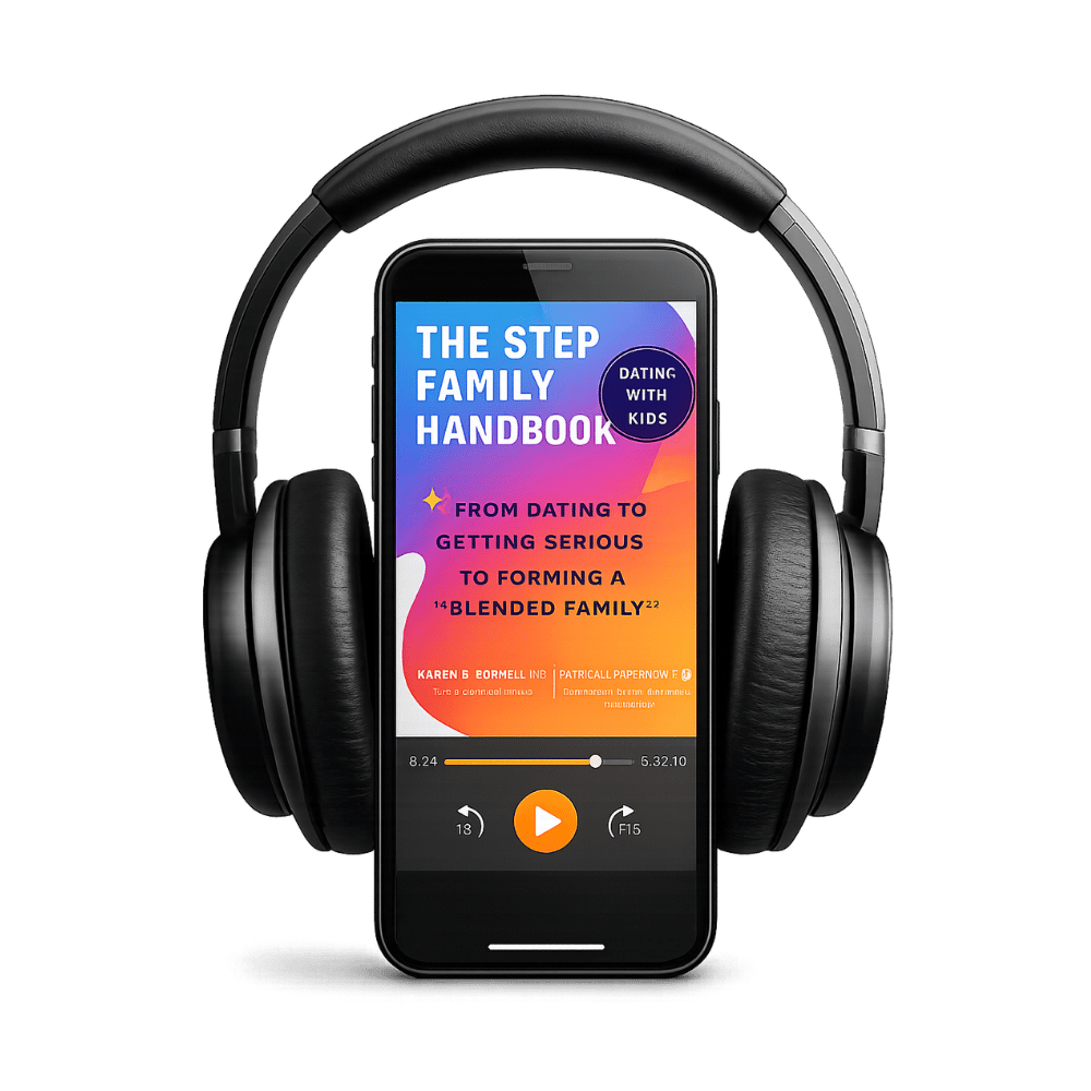 A smartphone displaying an audiobook cover titled 'The Step Family Handbook' surrounded by large black headphones.