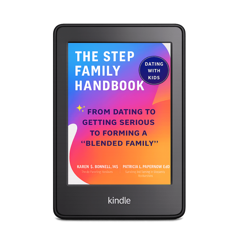 Kindle e-reader displaying a book titled 'The Step Family Handbook: From Dating to Getting Serious to Forming a Blended Family' by authors Karen S. Bonnell and Patricia L. Papernow.