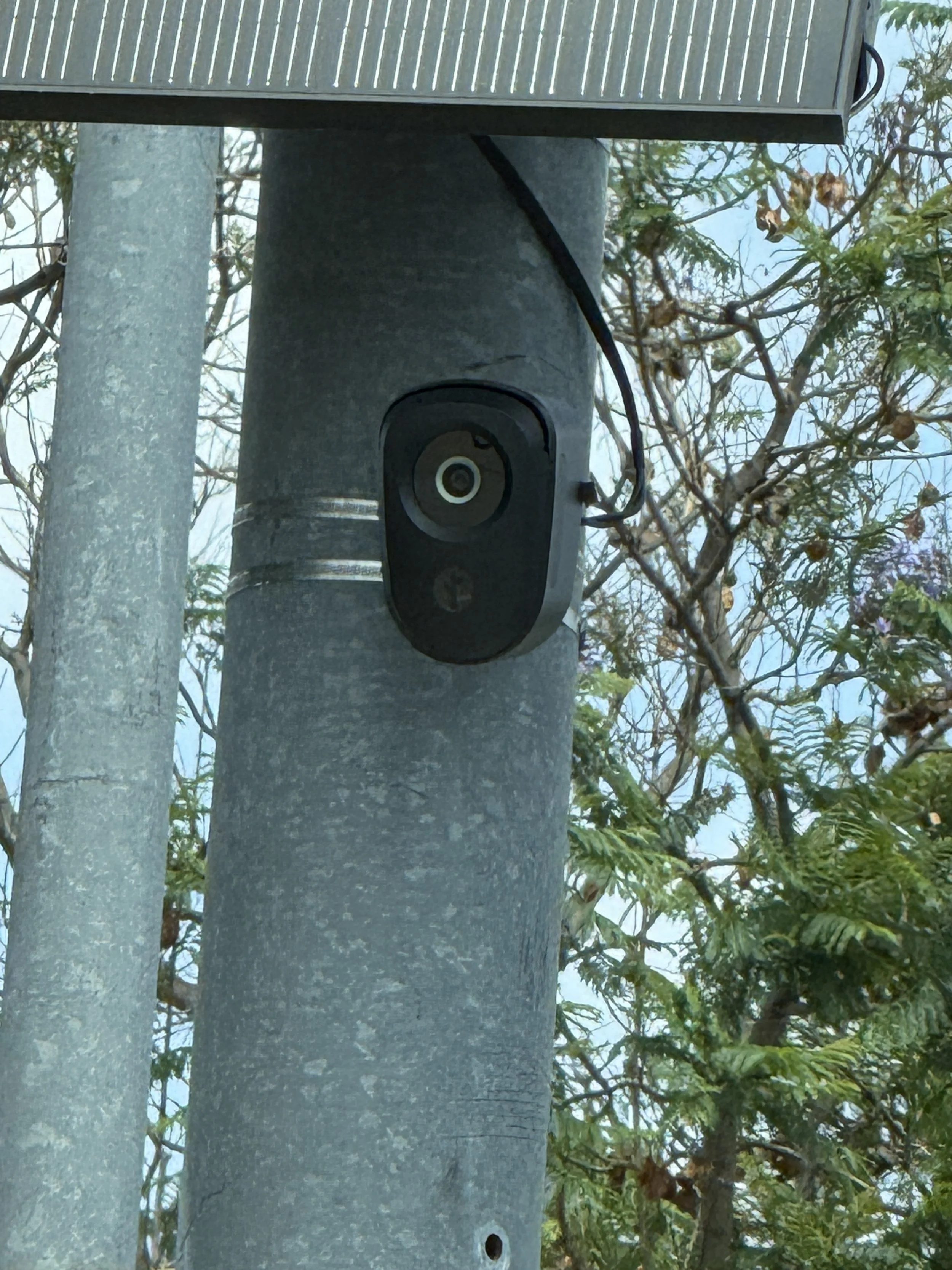 Black camera on a utility pole