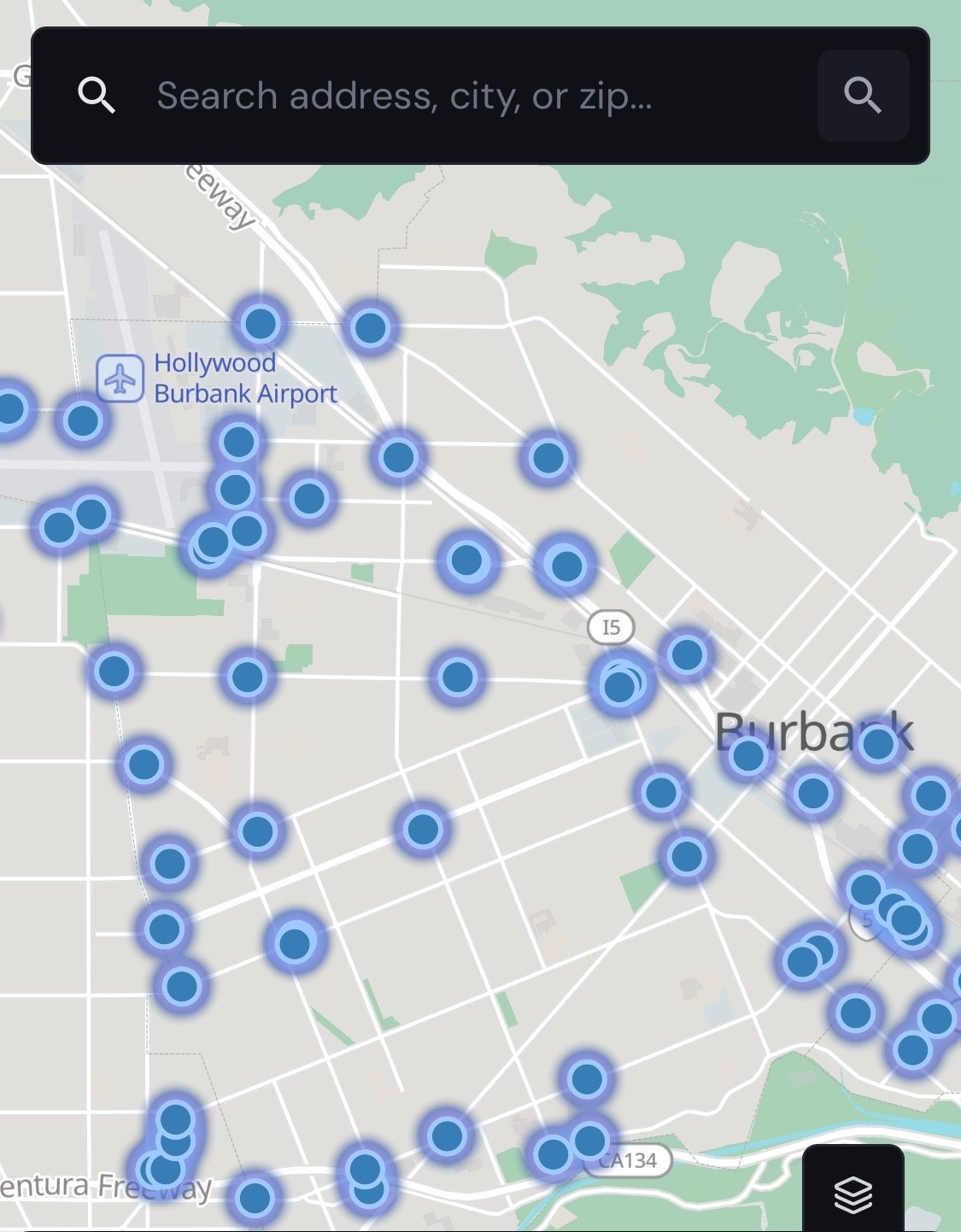 Map of Burbank, California with blue dots indicating Flock camera placement