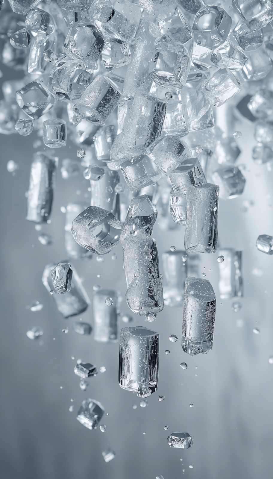 Ultra-realistic, high-end commercial advertising cinematography. A dense, elegant cascade of premium, crystal-clear cylindrical tube ice with distinctive hollow center holes, slowly falling down through the frame. The tube ice pieces are fl.jpg