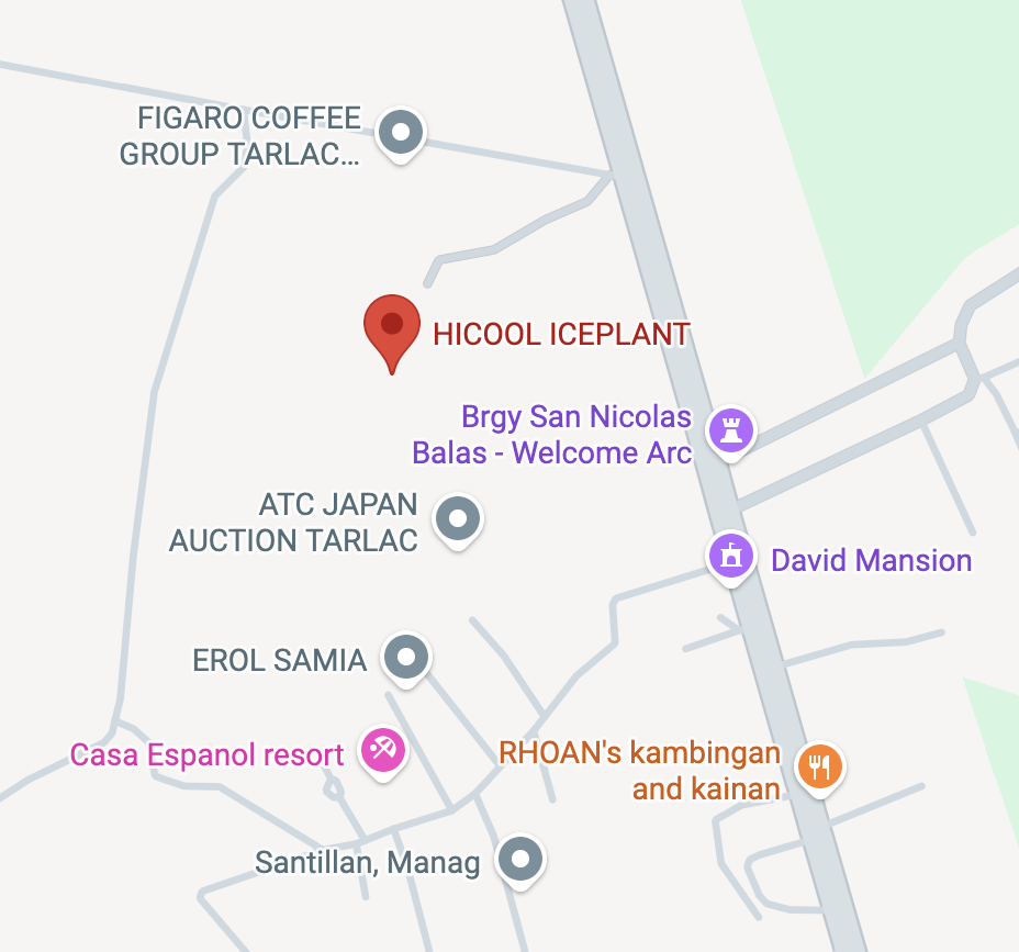 Geographic service area map showing the strategic location of HiCOOL Ice Plant in Barangay San Nicolas Balas, Concepcion, Tarlac.