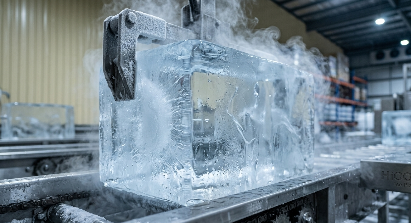 Industrial heavy manufacturing conveyor line producing solid commercial ice blocks at the HiCOOL factory in San Nicolas Balas, Tarlac.