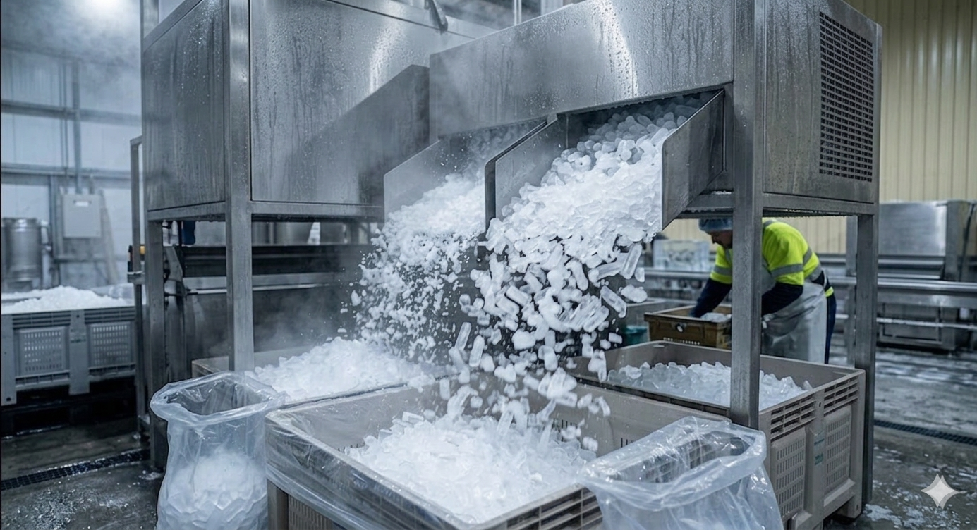 Automated high-capacity crushed ice processing equipment and sanitary manufacturing line with safety-compliant operator at HiCOOL Ice Plant Tarlac.