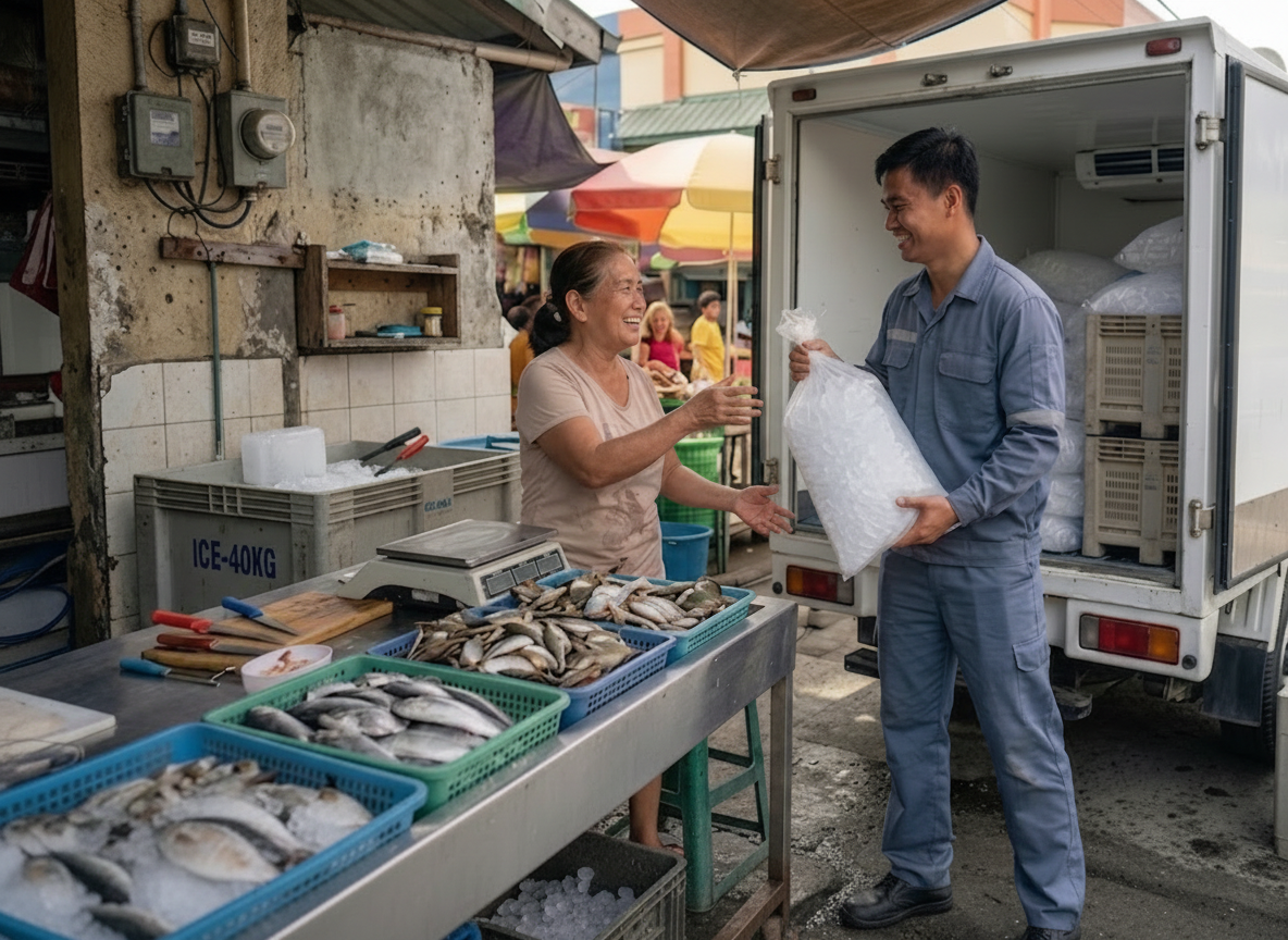 Fresh seafood display preservation using HiCOOL commercial crushed ice supply at a local public wet market in Concepcion Tarlac.
