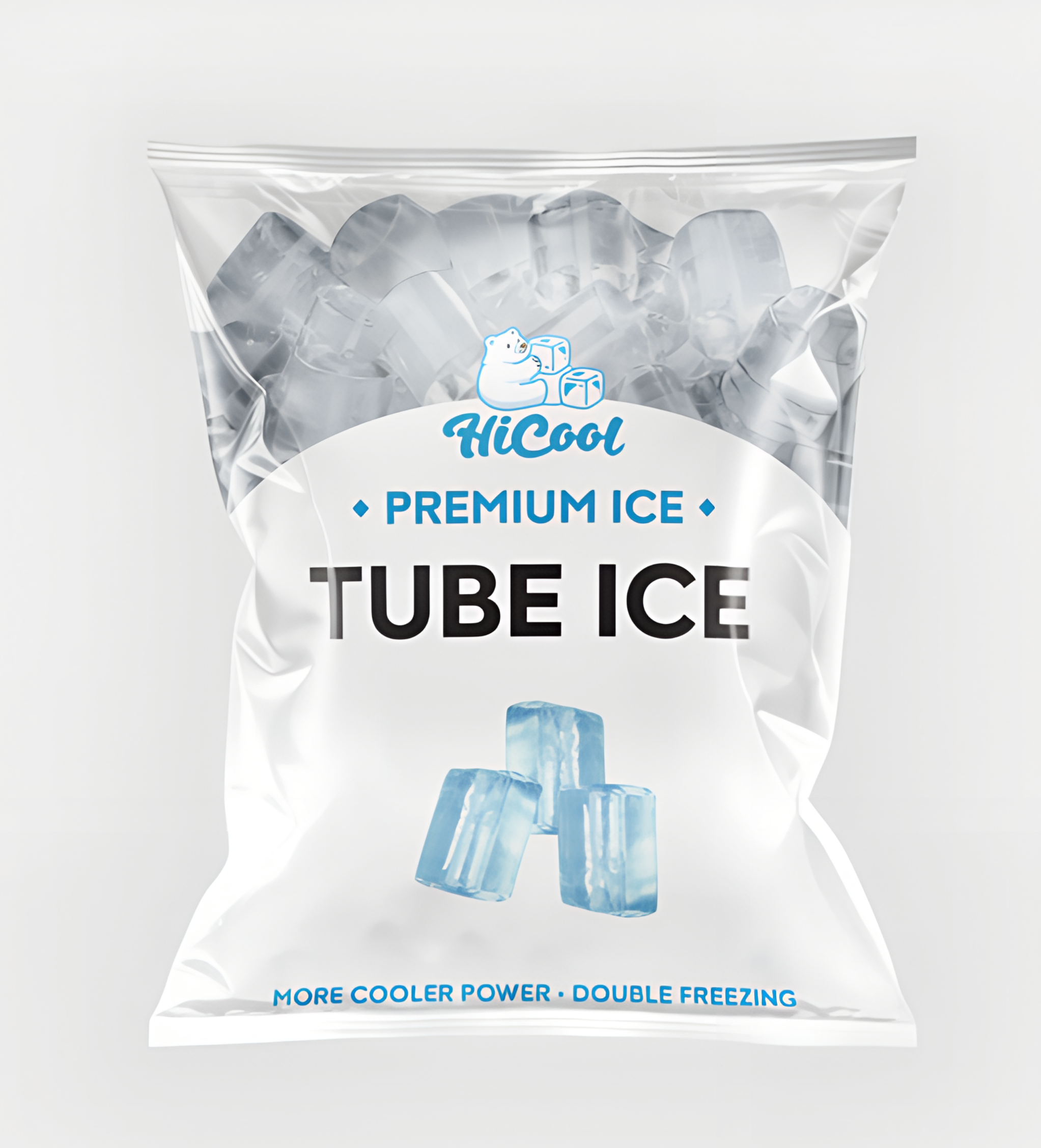 HiCOOL Premium Tube Ice wholesale packaging bag featuring clear cylindrical ice with center holes for commercial beverage supply in Tarlac.