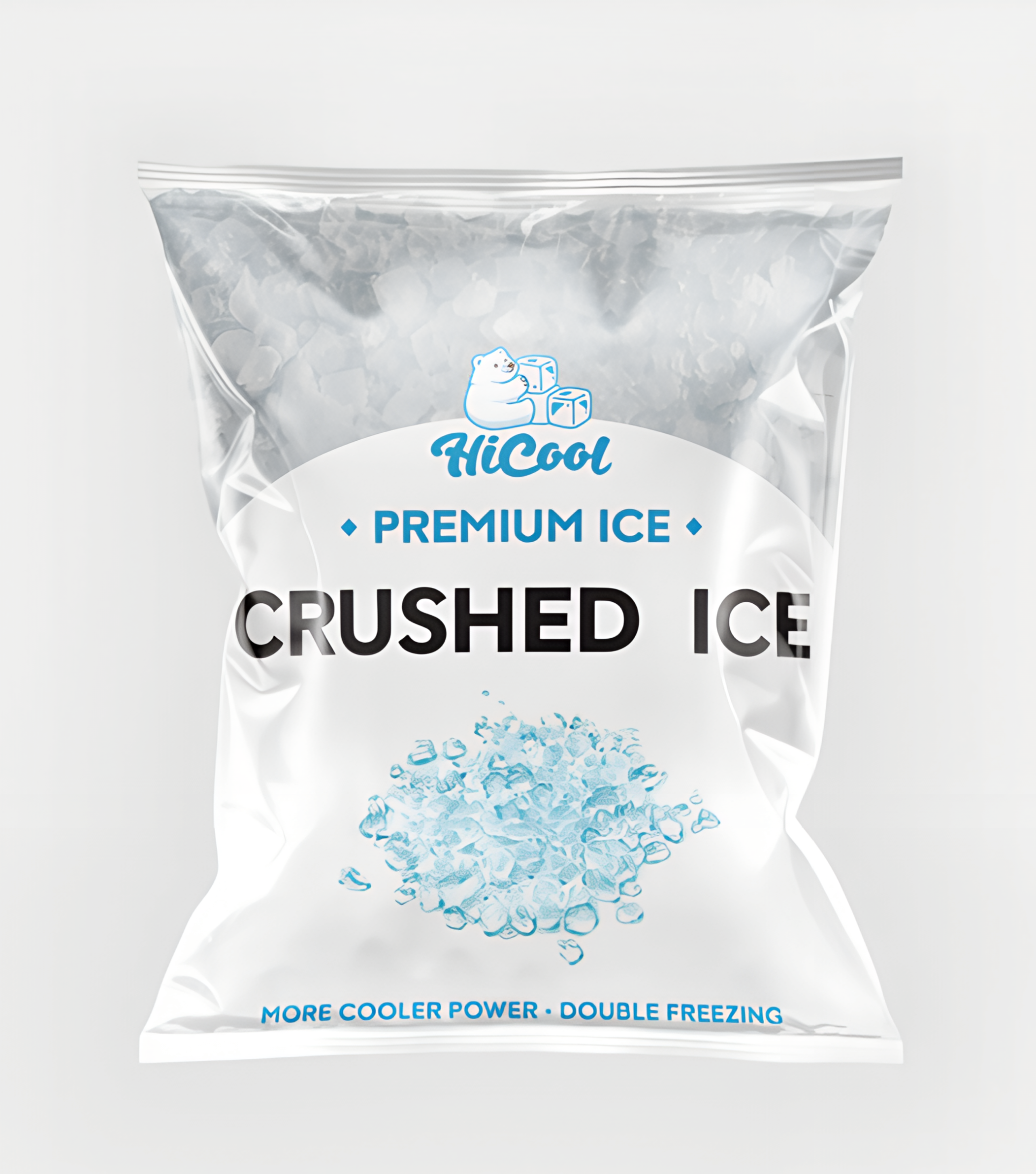 HiCOOL Premium Crushed Ice commercial packaging bag containing pure crystalline ice flakes for fresh food storage and wet market wholesale.