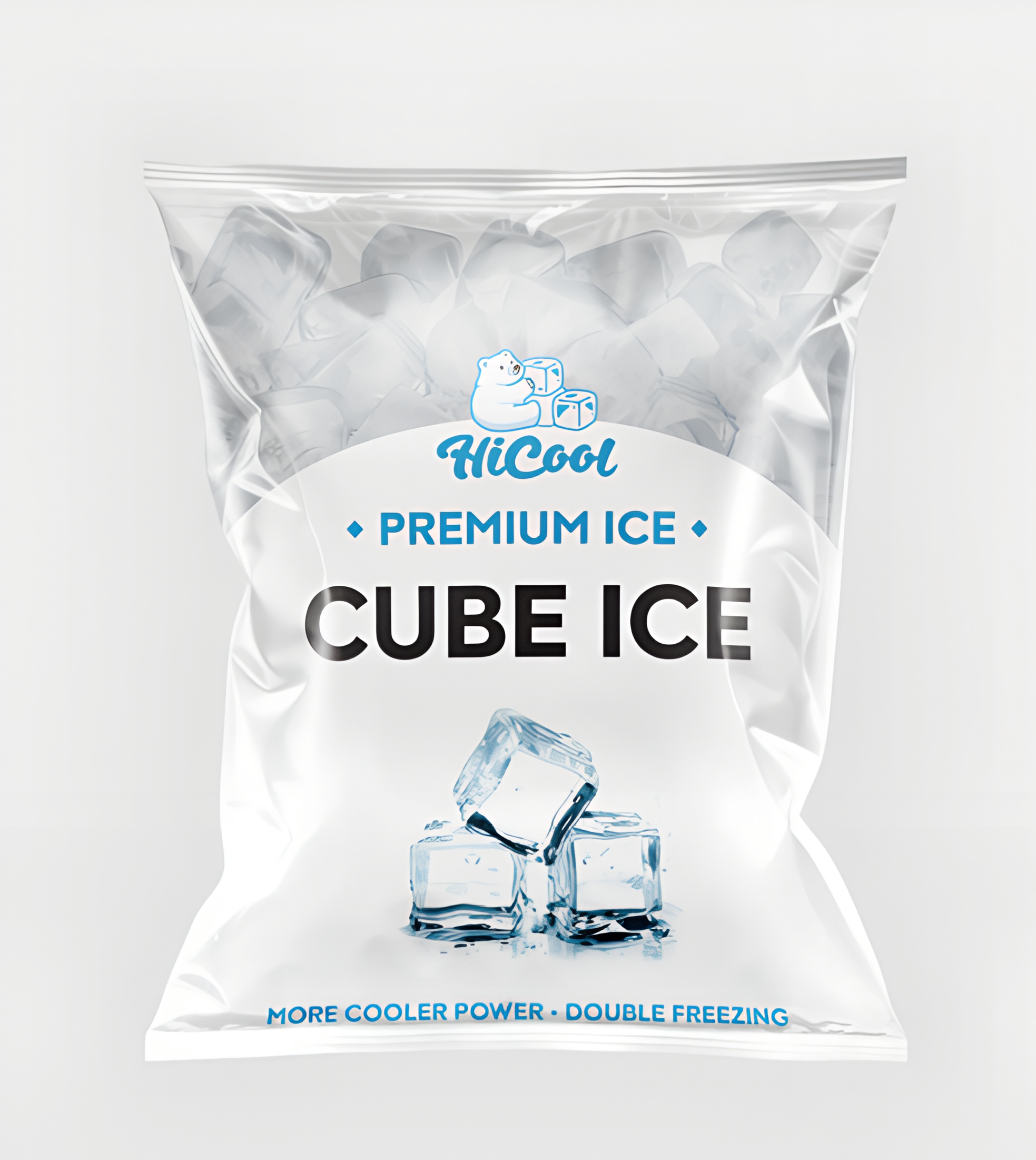 HiCOOL Premium Cube Ice bulk packaging bag containing flawless solid gourmet ice cubes for upscale restaurant and hospitality distribution.