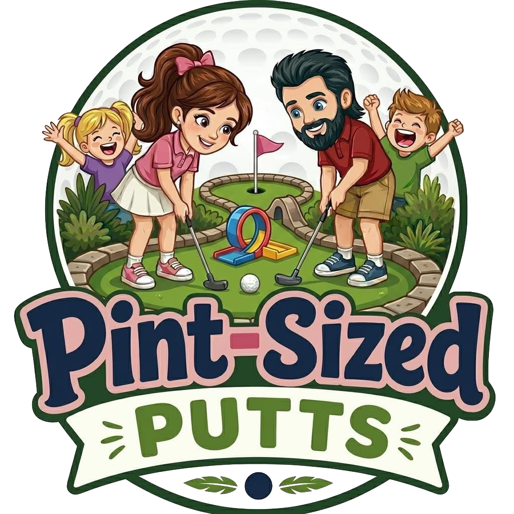 A cartoon family playing mini golf together outdoors. The family consists of a girl with a pink bow, a man, a boy, and a girl with blonde pigtails. They are smiling and excited. The scene shows a mini golf course with a small bridge, a hole with a flag, a golf ball, and golf clubs. The text "Pint-Sized PUTTS" is displayed prominently below the family.