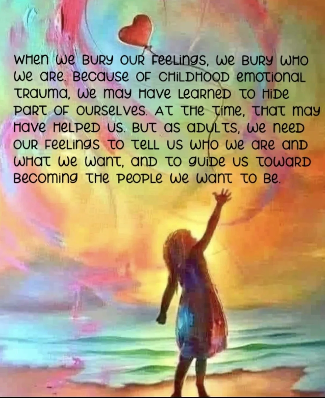 A girl in a dress standing on a colorful beach with a rainbow sky, reaching up towards a floating heart-shaped balloon, with a quote about feelings and emotional healing overlaid.