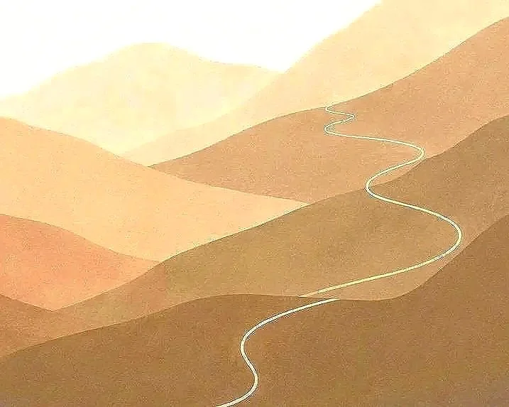 An abstract landscape with rolling hills in shades of brown, tan, and ochre, and a winding white path through the terrain.