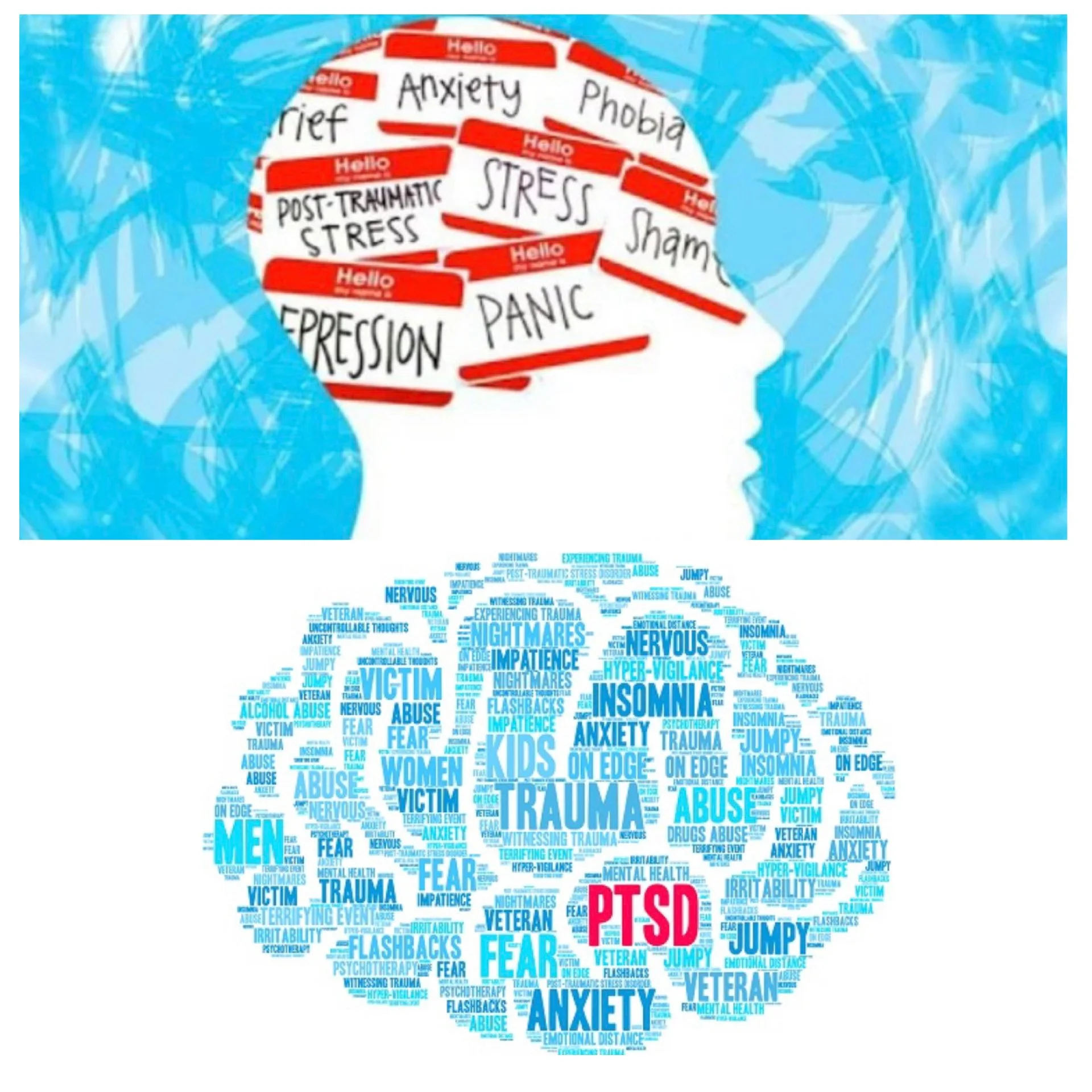 A digital illustration of a human head profile filled with words representing mental health struggles such as stress, anxiety, PTSD, nightmares, and trauma, with some words highlighted in red. The background features abstract blue brushstrokes.
