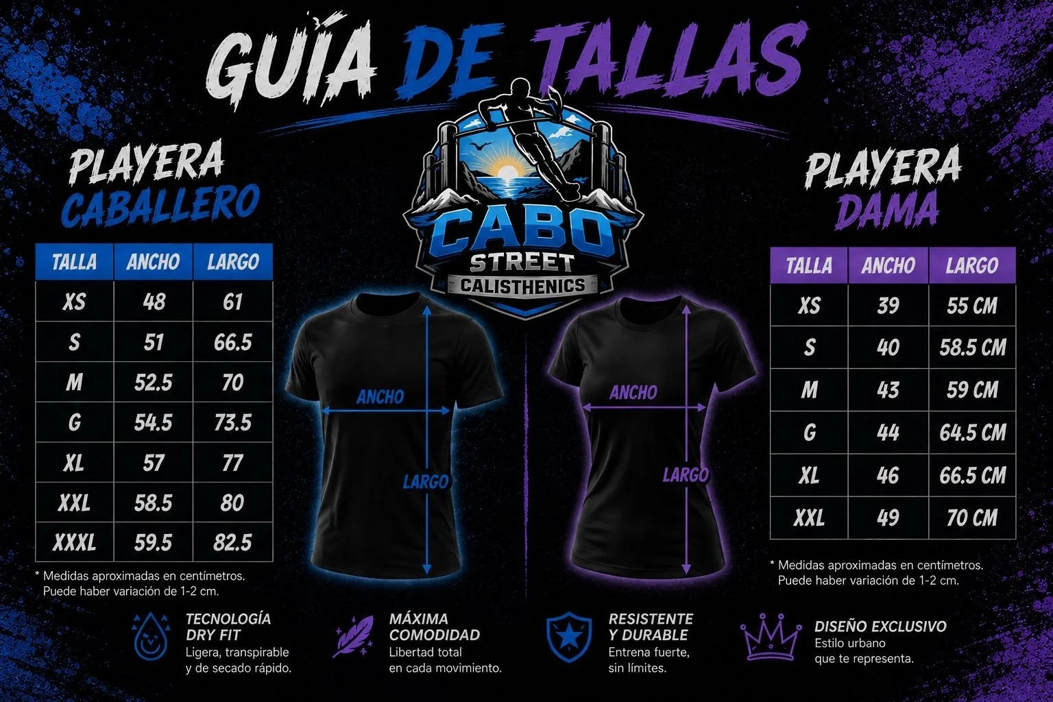 Guía de tallas para playeras de caballero y dama en estilo urbano con logo de Cabo Street Calisthenics, mostrando tablas con medidas en centímetros para tallas XS a XXXL para cada género, indicando ancho y largo, y resaltando características como tecnología dry fit, máxima comodidad, resistencia y diseño exclusivo.