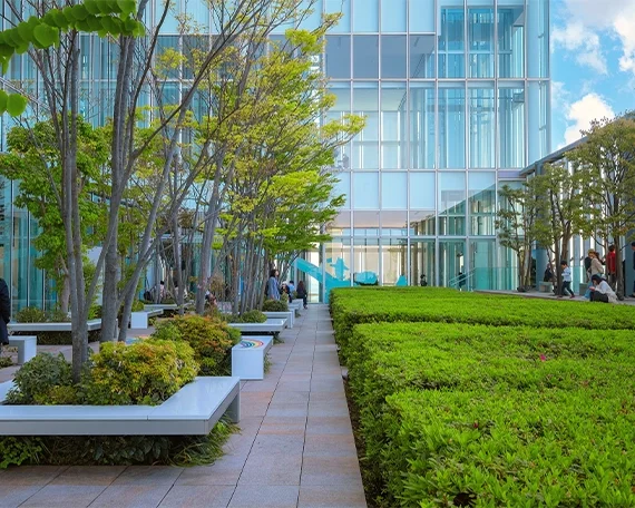 Urban outdoor area with benches, trees, shrubs, and a glass building in the background.