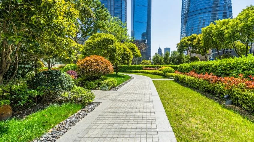 A landscaped urban park with a paved walkway, lush green grass, various trees and shrubs, surrounded by tall modern skyscrapers