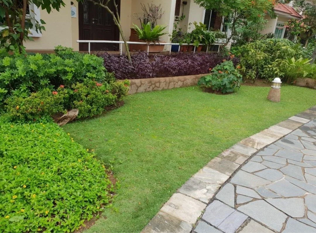 Well-maintained garden with lush green grass, various shrubs and plants, a stone pathway, and a house in the background with a porch and potted plants.