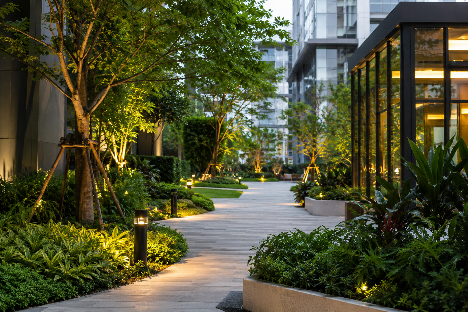 Urban garden pathway illuminated by pathway lights, surrounded by trees and modern buildings at dusk.