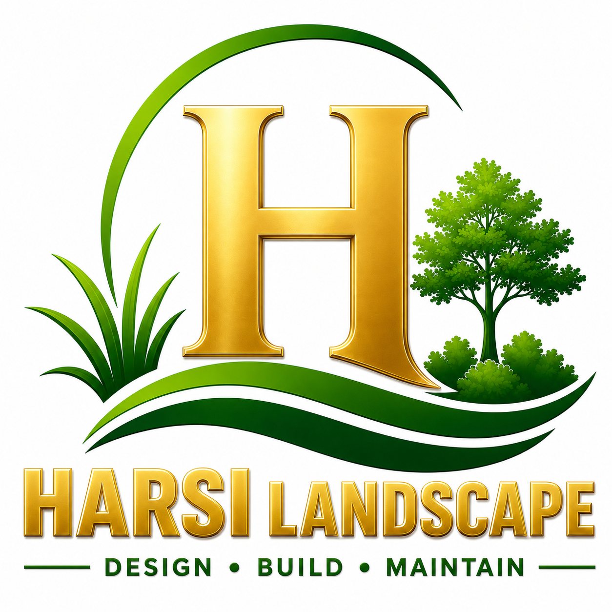 Logo for Harsi Landscape featuring a large gold letter H, green landscaping elements including grass, a tree, and foliage, with the words "Harsi Landscape" and the tagline "Design, Build, Maintain" in gold and green.