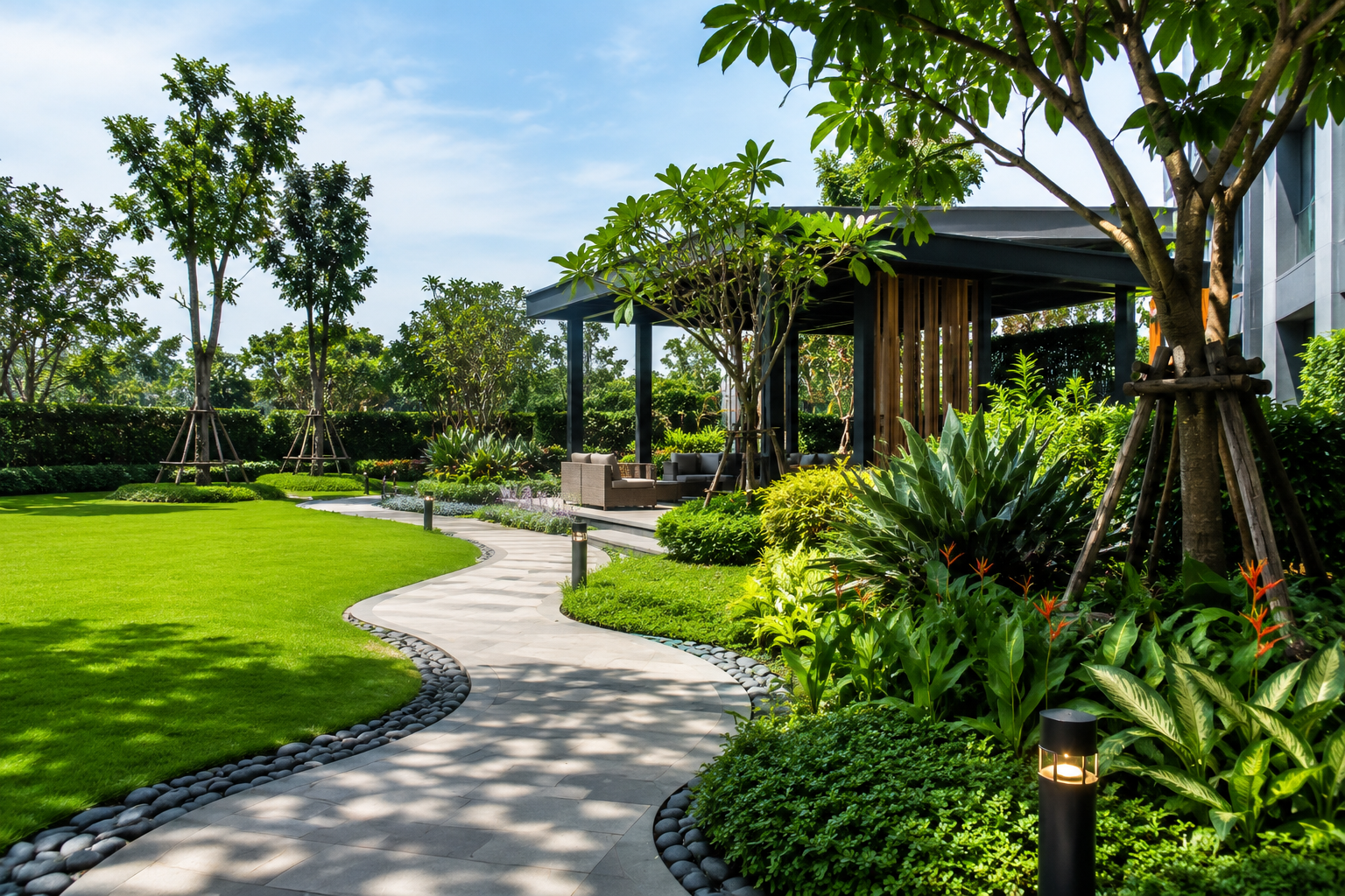 A landscaped garden with a curved paved pathway, lush green grass, young trees supported by wooden stakes, and a shaded seating area with outdoor furniture.