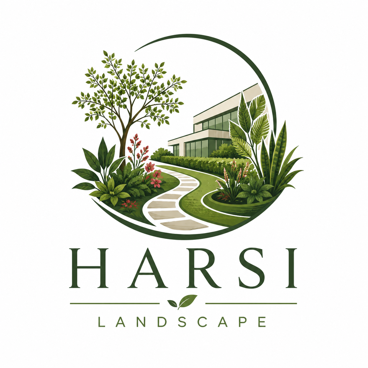 Logo for Harsi Landscape featuring a modern house, landscaped garden with trees, bushes, and flowers, and a curved pathway.