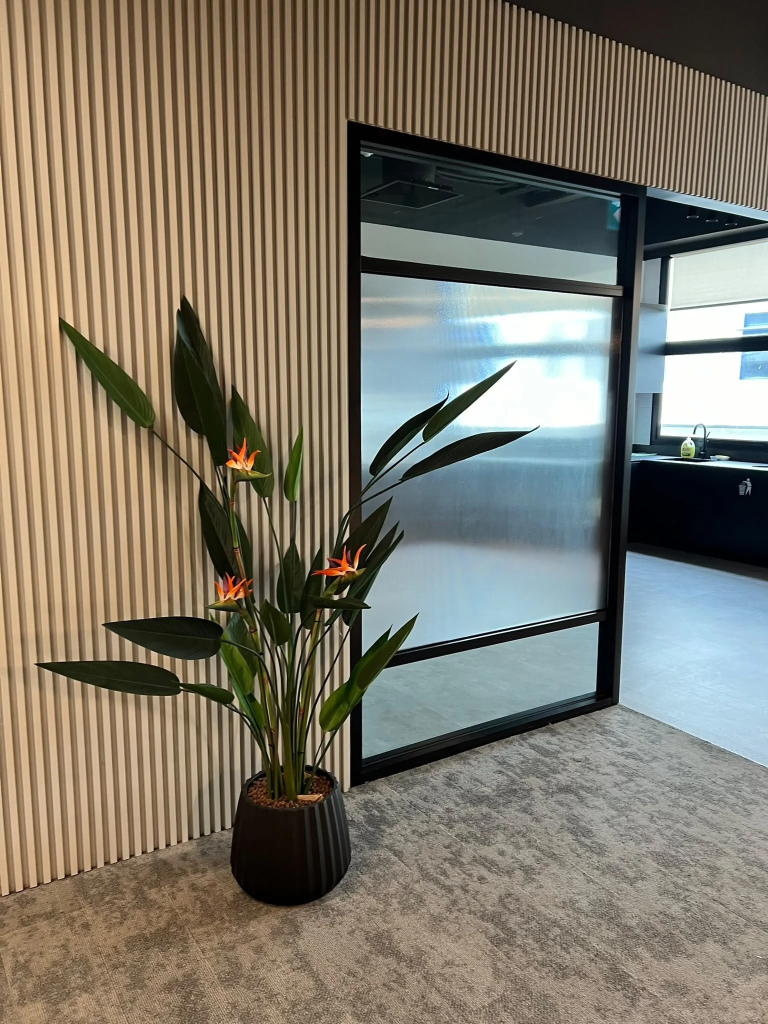 A tall potted plant with long green leaves and orange flowers inside a modern office with wood slatted walls, glass partitions, and a window.