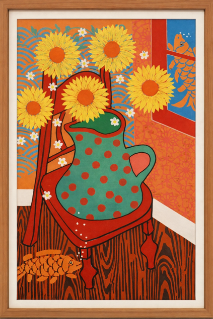 A colorful painting of a turquoise pitcher with red polka dots on a wooden table, surrounded by yellow sunflowers, white daisies, and decorated with orange and blue patterns, including a fish and a butterfly.