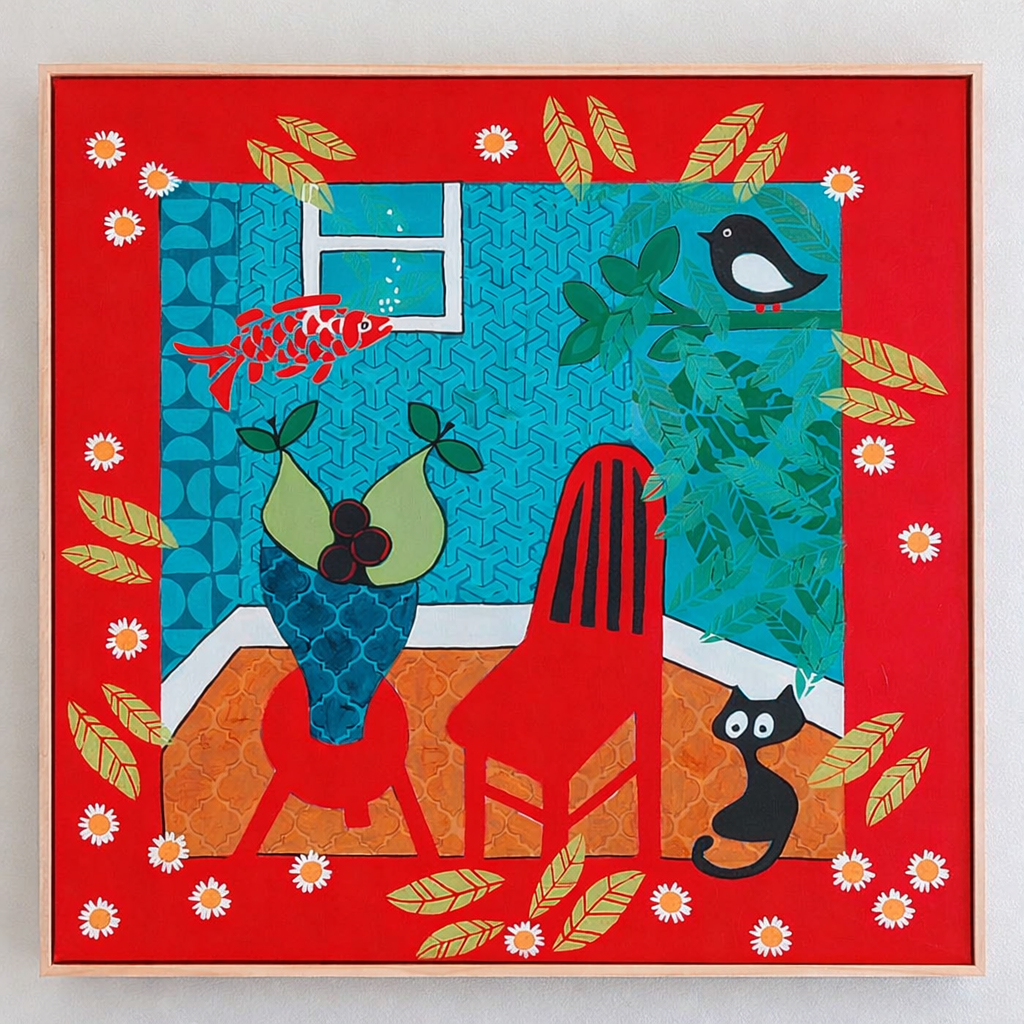 Colorful painting of a room with a blue patterned wall, green plants, a red chair, a red and black cat, a fish, and daisies and leaves decorations around the border.